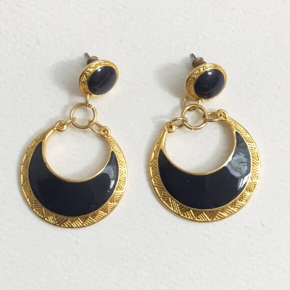 Vintage Edgar Berebi Gold Tone Blue Enamel Dangle Moon Shaped Pierced Earrings - Picture 3 of 3